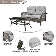 Festival Depot 2 Pieces Patio Bistro Set PE Wicker Loveseat with Tempered Glass Top Side Table Outdoor Furniture Conversation Set (Brown Wicker, Grey Cushion)