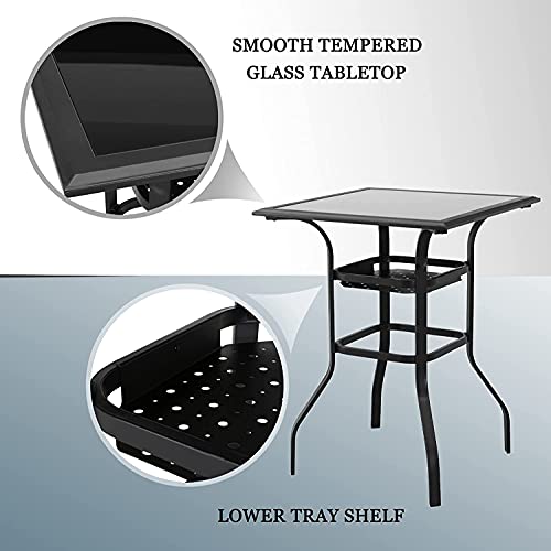 Festival Depot 3 Pcs Patio Bistro Bar Set High Stools Outdoor Furniture with 360° Swivel Armrest Chairs, Coffee Table with Tempered Glass Desktop, Metal Frame for Deck Poolside Garden Porch