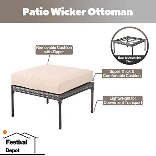 Festival Depot Patio Wicker Ottoman, All-Weather Rattan Sectional Square Footrest Outdoor Furniture with Metal Frame Removable Cushion for Garden Pool Backyard Lawn (Beige) 