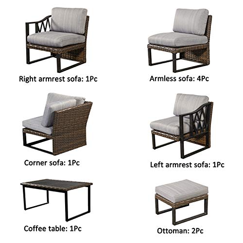Festival Depot 10Pc Outdoor Furniture Patio Conversation Set Sectional Corner Sofa Chairs All Weather Wicker Ottoman Metal Frame Slatted Coffee Table with Thick Seat Back Cushions (Grey)
