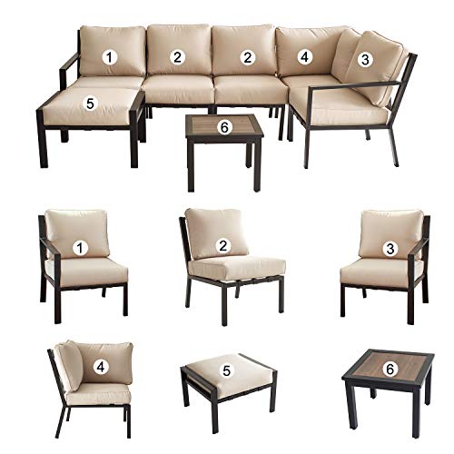Festival Depot 7-Pieces Patio Conversation Sets Outdoor Furniture Loveseat Sectional Corner Sofa, All-Weather Black Slatted Back Chairs with Coffee Table and Soft Removable Couch Cushions(Beige)