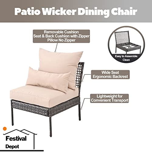 Festival Depot Patio Wicker Dining Chair, All-Weather Rattan Sectional Sofa Outdoor Furniture with Metal Frame Removable Seat & Back Cushion Pillow for Garden Pool Backyard Lawn (Beige)