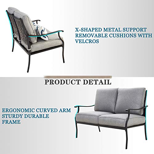 Festival Depot 4Pcs Outdoor Furniture Patio Conversation Set All Weather Black Metal Armchair Loveseat with Seat and Back Cushions, 3-Seating Chair, Rectangle Coffee Tables for Deck Lawn Garden