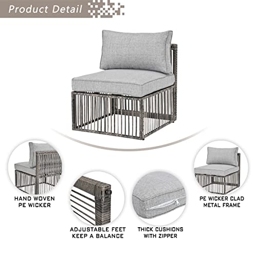 Festival Depot Wicker Patio Single Sofa, Outdoor Armless Chair, All-Weather Brown PE Rattan Couch Chair Waterproof Sectional Furniture for Balcony Garden Pool Lawn Backyard (Grey Thick Cushion) 
