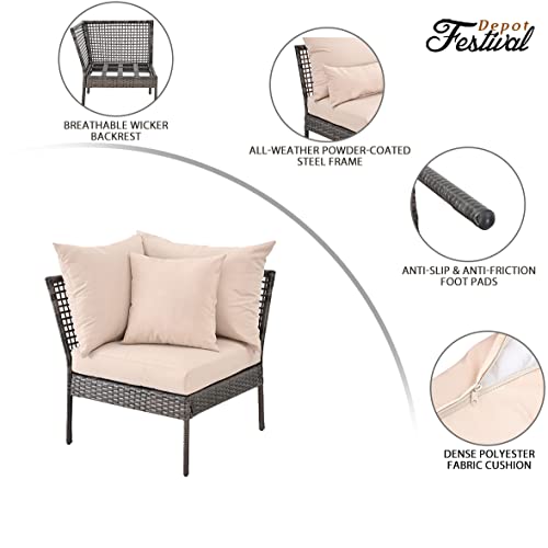 Festival Depot Patio Wicker Dining Chair, All-Weather Rattan Sectional Sofa Outdoor Furniture with Metal Frame Removable Seat & Back Cushion Pillow for Garden Pool Backyard Lawn (Beige)