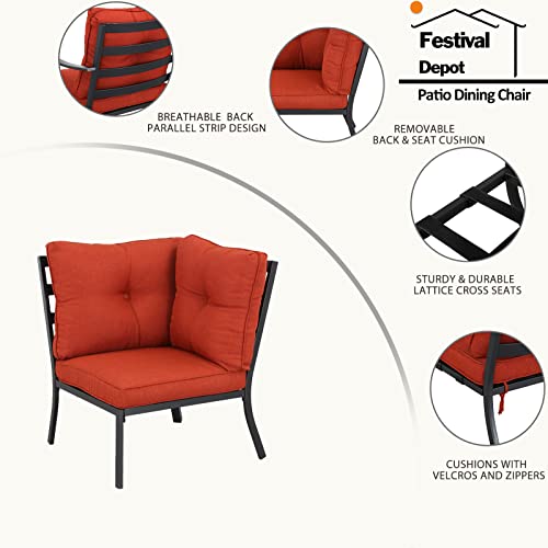 Festival Depot Patio Dining Corner Chair Outdoor Bistro Single Sofa with Removable Thick Cushion Metal Frame All Weather Sectional Conversation Furniture for Backyard Pool Deck Garden (Red) 
