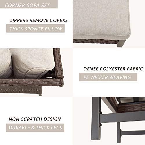 Festival Depot 3 Pieces Patio Conversation Set Sectional Corner Sofa Combination Outdoor All-Weather Wicker Metal Armless Chairs with Seating Back Cushions Garden Deck Poolside