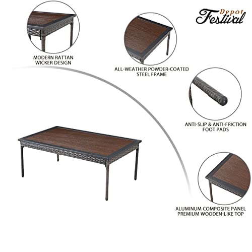 Elegant Rattan Coffee Table with Wood-Like Metal Frame for Outdoor 