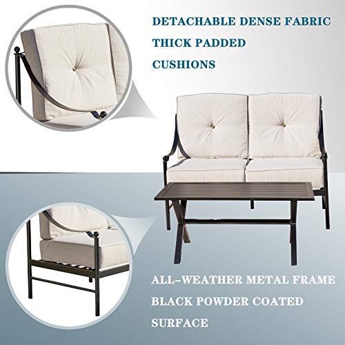 Festival Depot 2pcs Outdoor Furniture Patio Conversation Set Metal X Shaped Legs Coffee Table Loveseat Armchairs with Seat and Back Cushions Without Pillows for Lawn Beach Backyard Pool, Beige