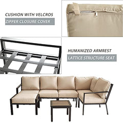 Festival Depot 7-Pieces Patio Conversation Sets Outdoor Furniture Loveseat Sectional Corner Sofa, All-Weather Black Slatted Back Chairs with Coffee Table and Soft Removable Couch Cushions(Beige)