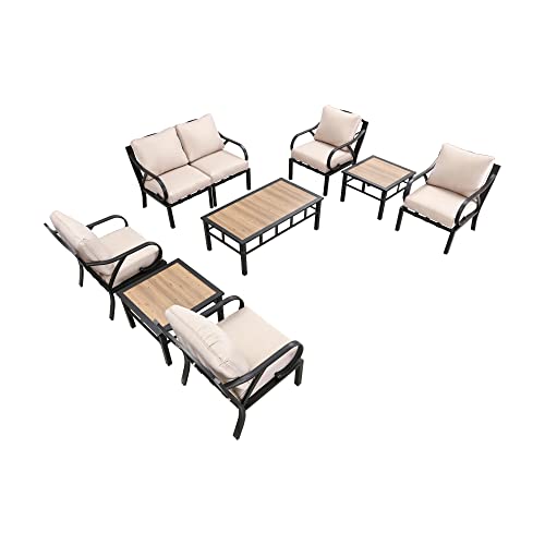 Festival Depot 9 Pieces Patio Conversation Set Sectional Sofa Left & Right Armchair with Thick Cushions and Side Coffee Table All Weather Metal Outdoor Furniture for Deck Garden, Beige 