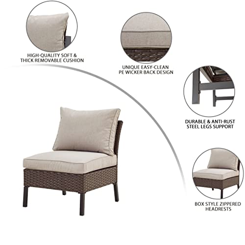 Festival Depot Patio Armless Sofa Sectional Furniture Loveseat Outdoor Dining Chair with Cushions Pillow and Metal Frame Wicker for Garden Backyard Pool Farmhouse (Beige) (B-PF20722-new1) 