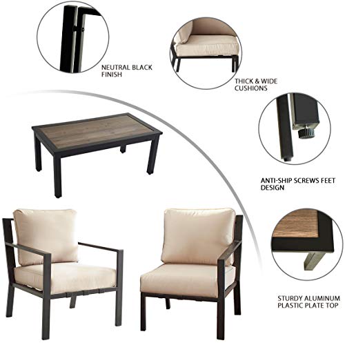 Festival Depot 5 Pieces Patio Outdoor Conversation Set Armrest Sofa Chairs with Seating Back Cushions Metal Side Coffee Table Garden (Beige) 