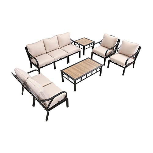 Festival Depot 9 Pieces Patio Conversation Set Sectional Sofa Armchair with Thick Cushions and Side Coffee Table All Weather Metal Outdoor Furniture for Deck Garden, Beige
