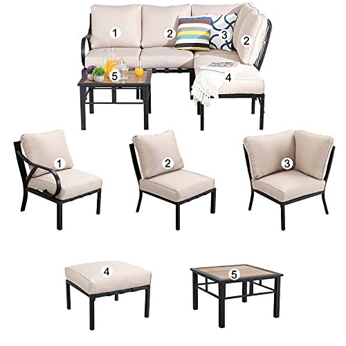 Festival Depot 6 Pieces Patio Conversation Set Sectional Corner Chair Ottoman with Cushions and Side Table All Weather Metal Outdoor Furniture for Deck Garden, Beige