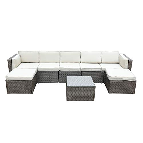 Festival Depot 8pcs Patio Furniture Outdoor Conversation Set Sectional Wicker Sofa with Removable Seat Cushions and Coffee Table with Tempered Glass for Porch Deck Garden Lawn Balcony,Beige and Grey