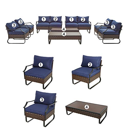 Festival Depot 10 Pcs Outdoor Furniture Patio Conversation Sets Sectional Sofa Loveseat with All-Weather PE Rattan Wicker Armchair,Coffee Table and Soft Removable Couch Cushions (Blue) 