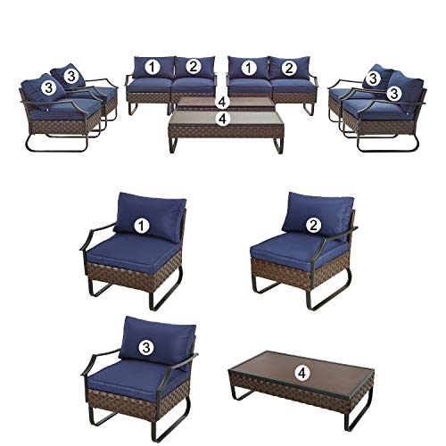 Festival Depot 10 Pcs Outdoor Furniture Patio Conversation Sets Sectional Sofa Loveseat with All-Weather PE Rattan Wicker Armchair,Coffee Table and Soft Removable Couch Cushions (Blue)