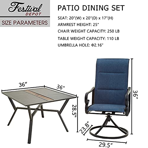 Festival Depot 5 Pieces Patio Dining Conversation Set, Outdoor Furniture 4 Swivel Bistro Armrest Chair & 1 Square Metal Table with 2.16" Umbrella Hole for Deck Poolside Porch Backyard (Blue)