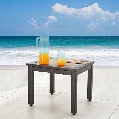 Festival Depot Outdoor Patio Side/End Table Metal Square with Wooden Finish Table Top and Steel Legs for Poolside Deck Garden (Brown)