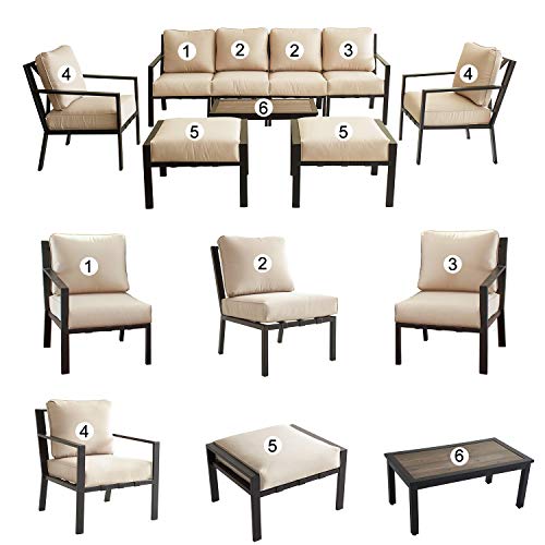 Festival Depot 9-Pieces Patio Outdoor Furniture Conversation Sets Loveseat Sectional Sofa, All-Weather Black X Slatted Back Armchair with Coffee Table and Thick Removable Couch Cushions (Beige) 