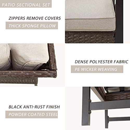 Festival Depot 6pc Patio Conversation Set Sectional Corner Sofa Set Outdoor All-Weather Wicker Metal Chairs with Seating Back Cushions Side Coffee Table Ottoman Garden Poolside