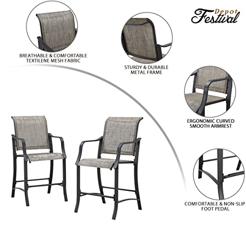 Elevated Comfort Outdoor 24.8" Counter Height Stool, Armrest Dining Chair with High Textilene Backs Metal Frame