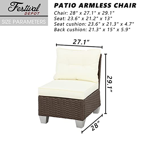 Festival Depot Patio Rattan Wicker Single Sofa Outdoor Sectional Chair with Removable Cushion Metal Frame All Weather Waterproof Furniture Seating for Garden Yard Lawn Pool (Beige)