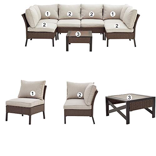 Festival Depot 7 Pcs Patio Outdoor Furniture Conversation Set Sectional Corner Sofa with All-Weather Brown Wicker Back Chair, Coffee Side Table, Ottoman and Soft Thick Removable Couch Cushions
