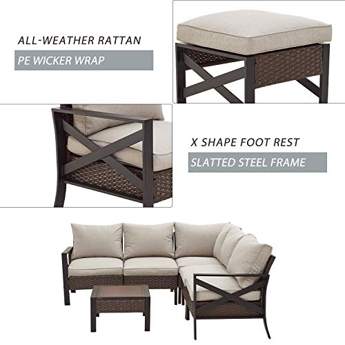 Festival Depot 6 Pcs Patio Outdoor Furniture Conversation Set Sectional Corner Sofa with All-Weather Brown Wicker Back Chair, Coffee Side Table, Ottoman and Soft Thick Removable Couch Cushion 