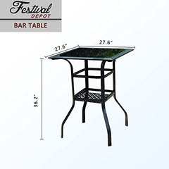 Festival Depot 3 Pcs Patio Bistro Bar Set High Stools Outdoor Furniture with 360° Swivel Armrest Chairs, Coffee Table with Tempered Glass Desktop, Metal Frame for Deck Poolside Garden Porch