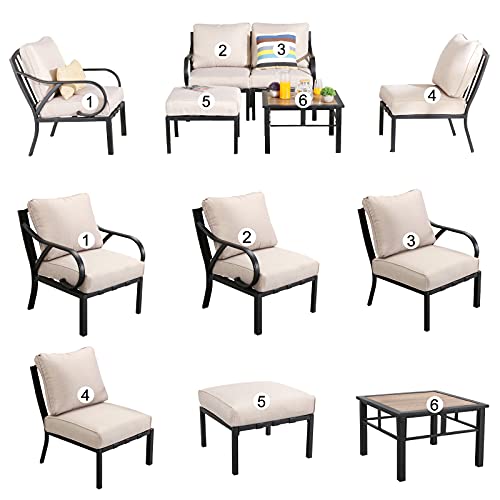 Festival Depot 6pcs Patio Conversation Set Sectional Metal Chairs with Cushions Ottoman and Coffee Table All Weather Outdoor Furniture for Garden Backyard Balcony, Beige 