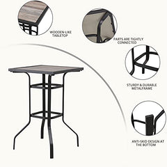 Festival Depot 24.8" Patio Table Square Bar Height Table with Metal Frame and Wood Grain Top Outdoor Furniture for Bistro Deck Lawn