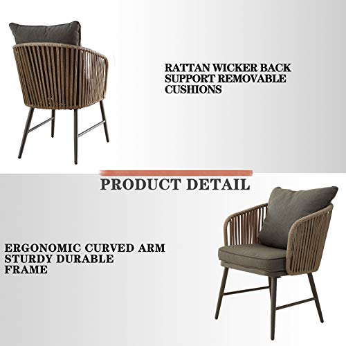 Festival Depot 3 Pcs Patio Bistro Set Outdoor Furniture with 2 Rattan Wicker Chair, Seat and Back Cushion and 1 Wood Grain Desktop Coffee Table