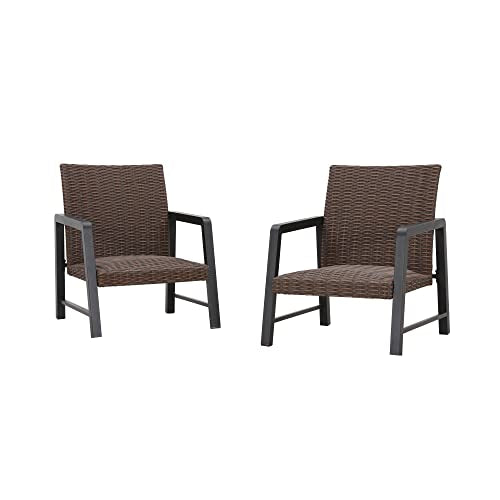 Festival Depot 2Pcs Patio Armchair Set, PE Wicker Bistro Set, All-Weather Dining Chairs with Soft Cushion Quick-Drying Cotton Built-in Under Seat Outdoor Furniture for Backyard Porch Lawn Deck Garden