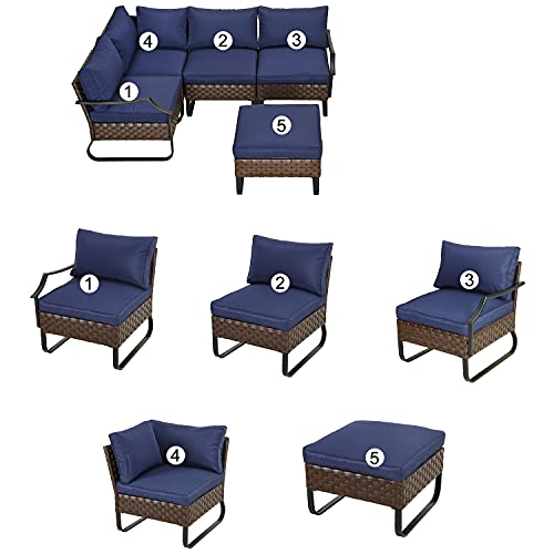 Festival Depot 5 Pieces Patio Furniture Set, All-Weather PE Rattan Wicker Metal Frame Sofa Outdoor Conversation Set Sectional Corner Couch with Cushion Ottoman and Coffee Table for Deck Poolside(Blue)