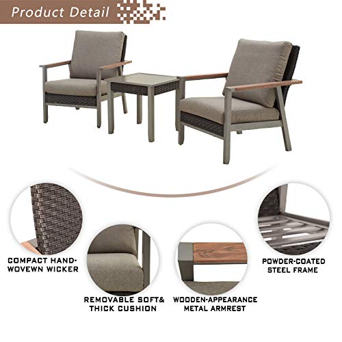 3-Pieces Patio Bistro Set Lounge Armchairs with Thick Cushions and Side Table in Metal Frame Outdoor Furniture for Deck