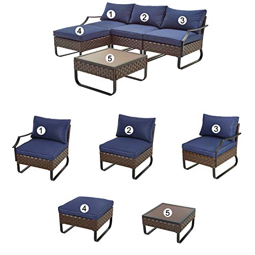 Festival Depot 5 Pieces Patio Outdoor Furniture Conversation Sets Chairs Sectional Sofa, All-Weather Wicker Back Chair with Ottoman Coffee Square Table and Thick Soft Removable Couch Cushions (Blue)