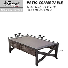 Festival Depot Patio Coffee Table Outdoor Furniture with X Shaped Metal Leg, All-Weather Wicker and Wooden Finish Grain Table Top for Backyard Poolside Deck Porch (Rectangle Brown) (B-PF20208-new1)