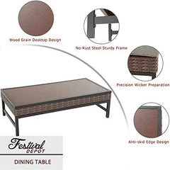 Festival Depot Patio Table Rattan Woven Wicker Coffee Table with Aluminum Tabletop and U Shaped Leg All Weather Outdoor Furniture for Backyard Porch Garden