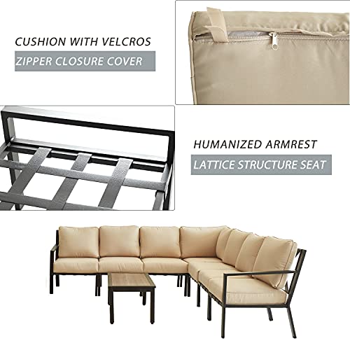 Festival Depot 8 Pieces Patio Furniture Set All-Weather Polyester Fabrics Metal Frame Sofa Outdoor Conversation Set Sectional Corner Couch with Cushions & Coffee Table for Deck Poolside Balcony(Beige) 