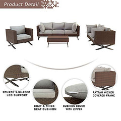 Festival Depot 7pcs Outdoor Furniture Patio Conversation Set Sectional Corner Sofa Chairs with X Shaped Metal Leg All Weather Brown Rattan Wicker Rectangle Coffee Table with Grey Seat Back Cushions