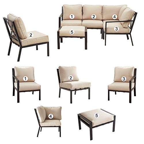 Festival Depot 6 Pieces Patio Outdoor Furniture Conversation Sets Sectional Corner Sofa, All-Weather Black X Shaped Slatted Back Chairs with Ottoman and Thick Soft Removable Couch Cushions (Beige)
