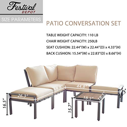 Festival Depot 6-Pieces Patio Outdoor Furniture Conversation Sets Sectional Corner Sofa, All-Weather Black Slatted Back Chairs with Coffee Table, Ottoman and Thick Soft Removable Couch Cushions(Beige) 