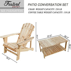 Festival Depot 4 Pieces Outdoor Conversation Set Patio Wood Adirondack Chairs and Coffee Table for Lawn, Deck, Beach, Backyard, Porch, Balcony, Wooden