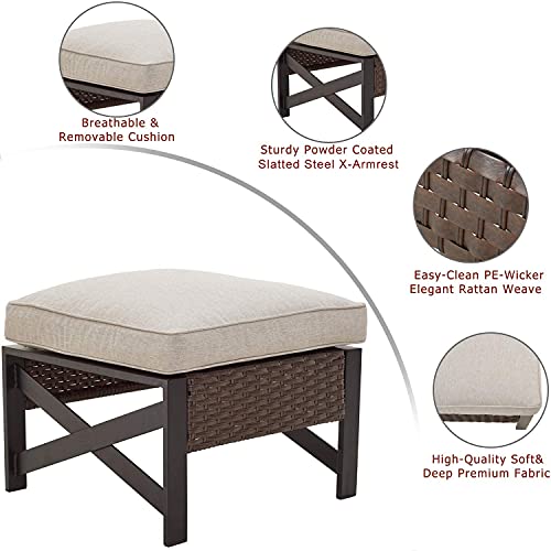 Festival Depot Patio Ottoman Footstool Outdoor Furniture with Wicker Rattan, X Shape Slatted Steel Frame Foot Rest with Premium Fabric Soft Cushion Square for Garden Yard Lawn All-Weather 