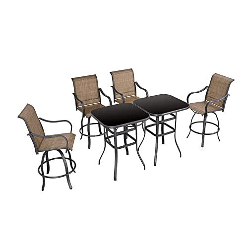 Festival Depot 6-Piece Bar Bistro Patio Outdoor Dining Furniture Sets High Stools 360° Swivel Chairs with Slatted Steel Curved Armrest Square Coffee Side Table Tempered Glass Desktop 