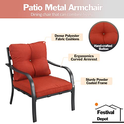 Festival Depot Patio Dining Armchair Outdoor Bistro Single Sofa with Removable Thick Cushion Metal Frame All Weather Sectional Conversation Furniture for Backyard Pool Deck Garden (Red)