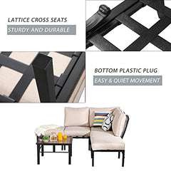 Festival Depot 6 Pieces Patio Conversation Set Sectional Metal Corner Chair Ottoman with Side Table and Thick Cushions All Weather Outdoor Furniture for Deck Garden, Beige