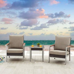 Festival Depot 3 Pieces Patio Bistro Set Lounge Armchairs with Thick Cushions and Side Table in Metal Frame Outdoor Furniture for Deck, Gray